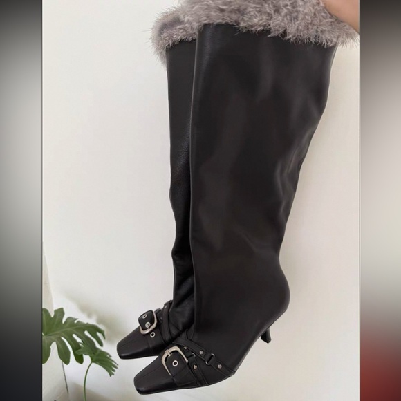 Shoes - Lambskin stiletto heel boots with fur trim